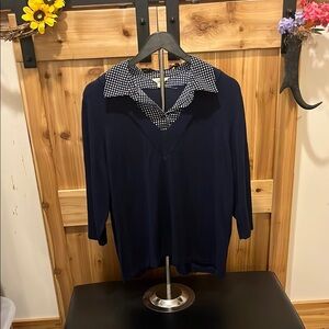Brina & Em Elegant Navy V-Neck Sweater with Polka Dot Collar Faux Blouse